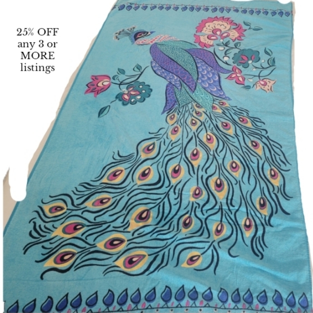 Colorful Peacock Giant Beach Towel Aqua Feathers Oversized Blue Graphic Print